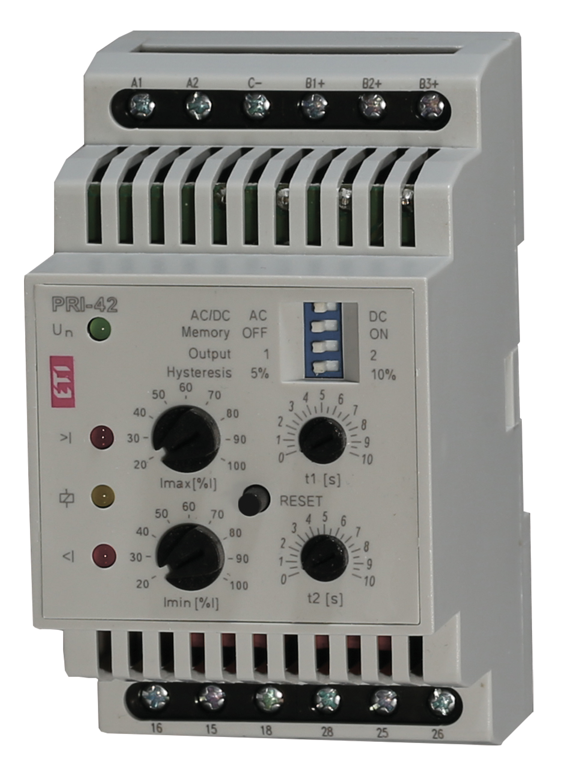 Реле контроля потребляемого тока PRI-42 AC/DC 24V (3 диапазона) (2x16A_AC1)