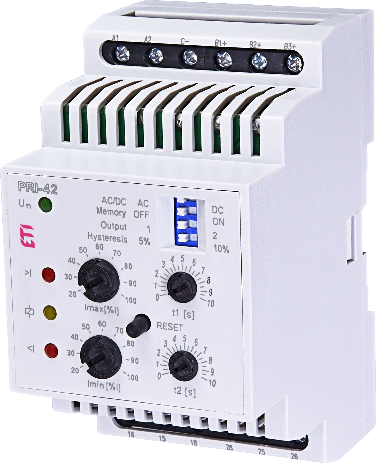 Реле контроля потребляемого тока PRI-42 AC 230V (3 диапазона) (2x16A_AC1)