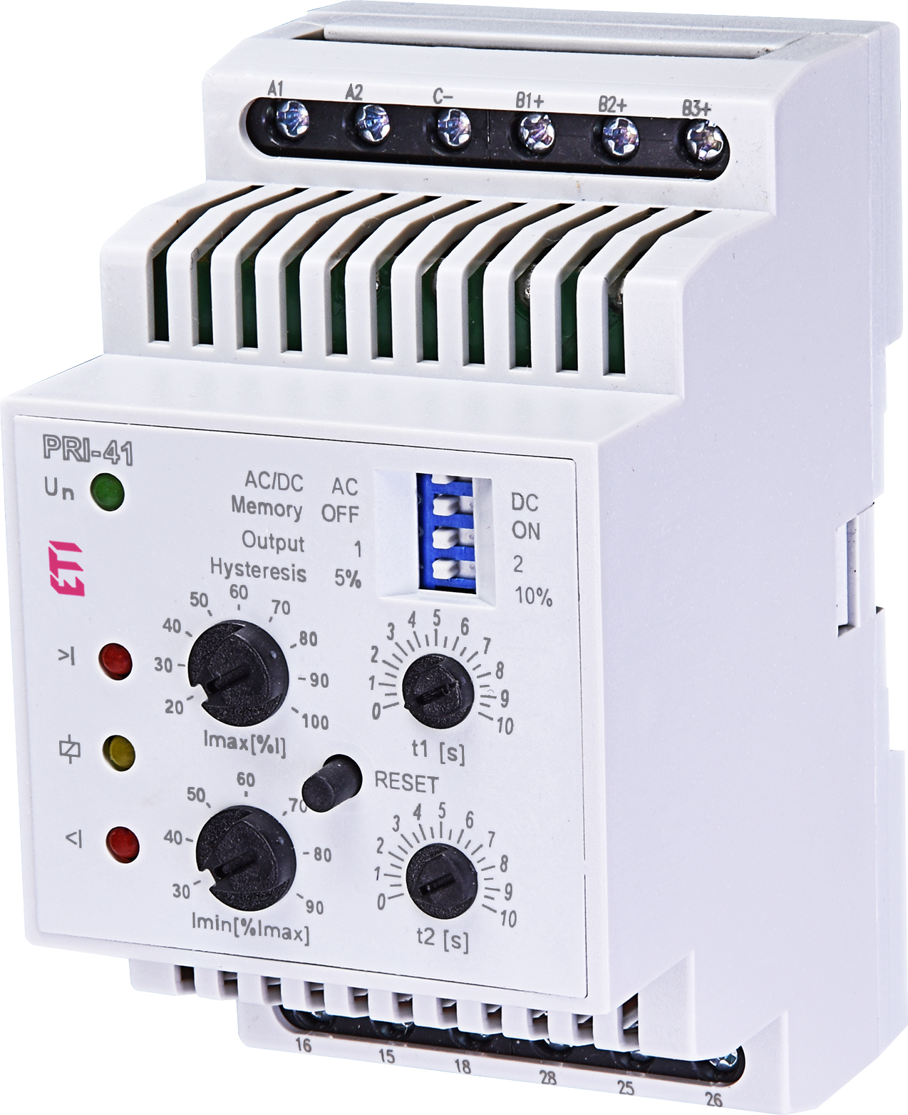 Двухуровневое реле контроля тока PRI-41 24V AC/DC (3 диапазона) (2x16A_AC1)