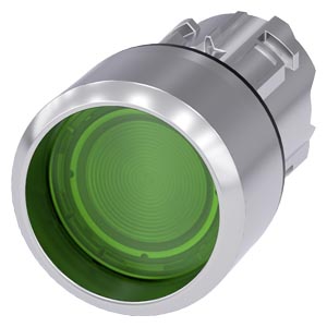 Illuminated pushbutton, 22 mm, round, metal, shiny, green, Front ring, raised, momentary contact type